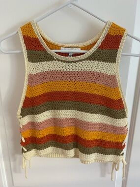 Jacqui E Striped Crochet Tank in Cream, Mustard, Rust & Olive